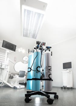 Modern dental office featuring nitrous oxide and oxygen equipment with bright lighting.